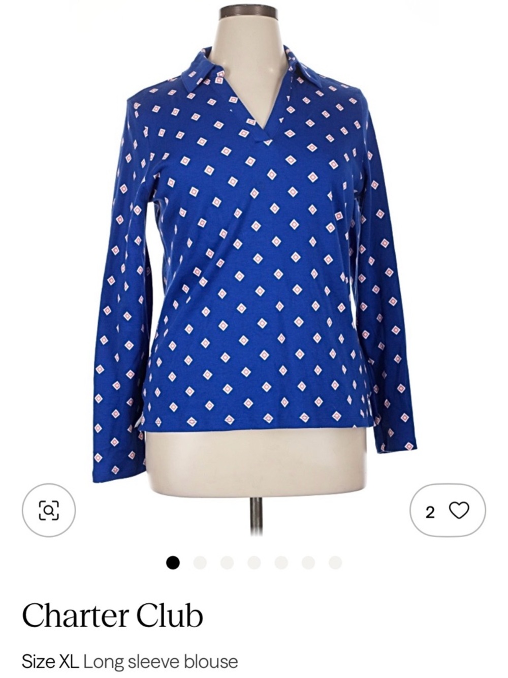 Charter Club Royal Blue V-Neck Long Sleeve Top with Diamond Motif